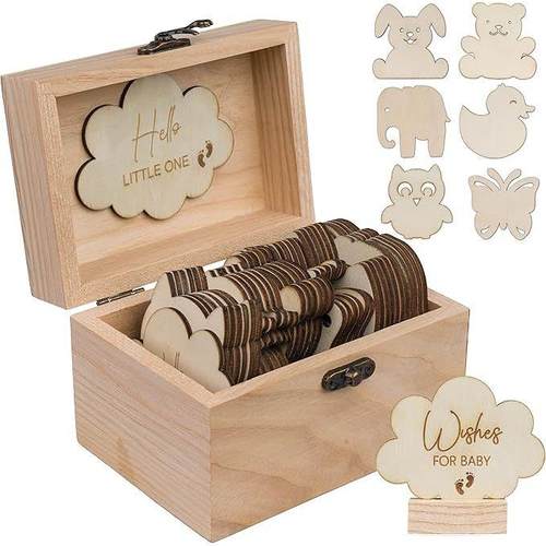木制收纳盒拥有60个木质可爱形状迎婴派对留言书签到木片收纳木盒