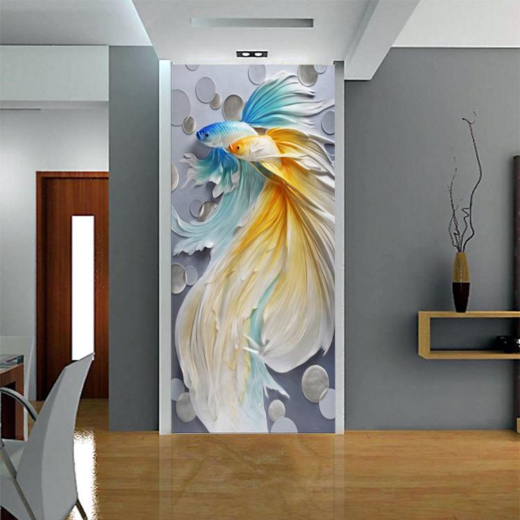 欧式竖版玄关客厅背景墙纸壁x纸5d立体大气浮雕壁画走廊过道墙布