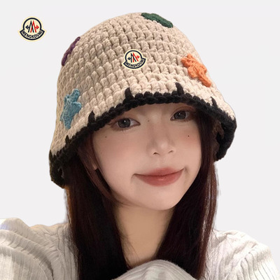 【香港直邮】蒙口米色可爱星星针织渔夫帽女秋冬大头围显脸小帽子