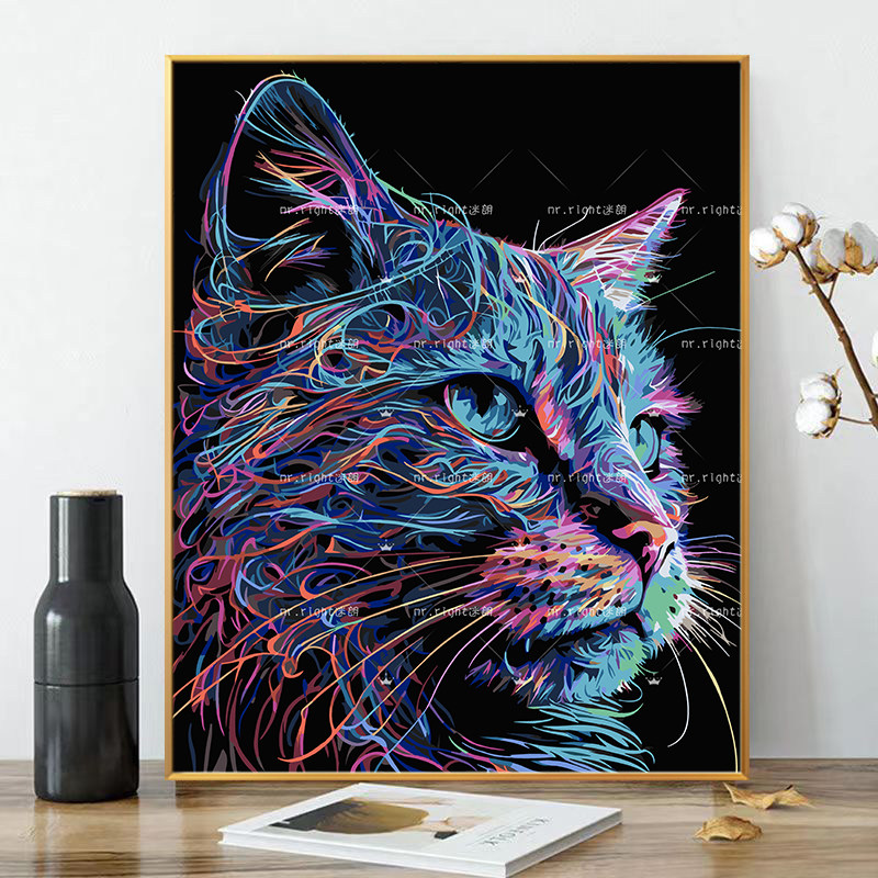 彩色绚丽猫画画diy数字油画填充填色抽象彩板手工手绘解压油彩画