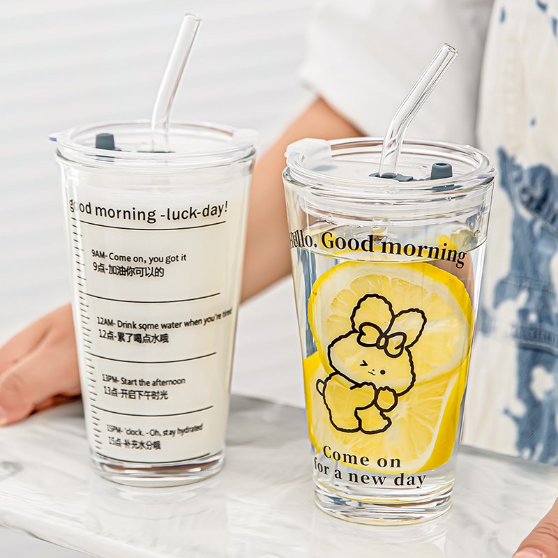 吸管杯玻璃杯女高颜值带刻度杯新款水杯大容量透明杯子家用咖啡杯