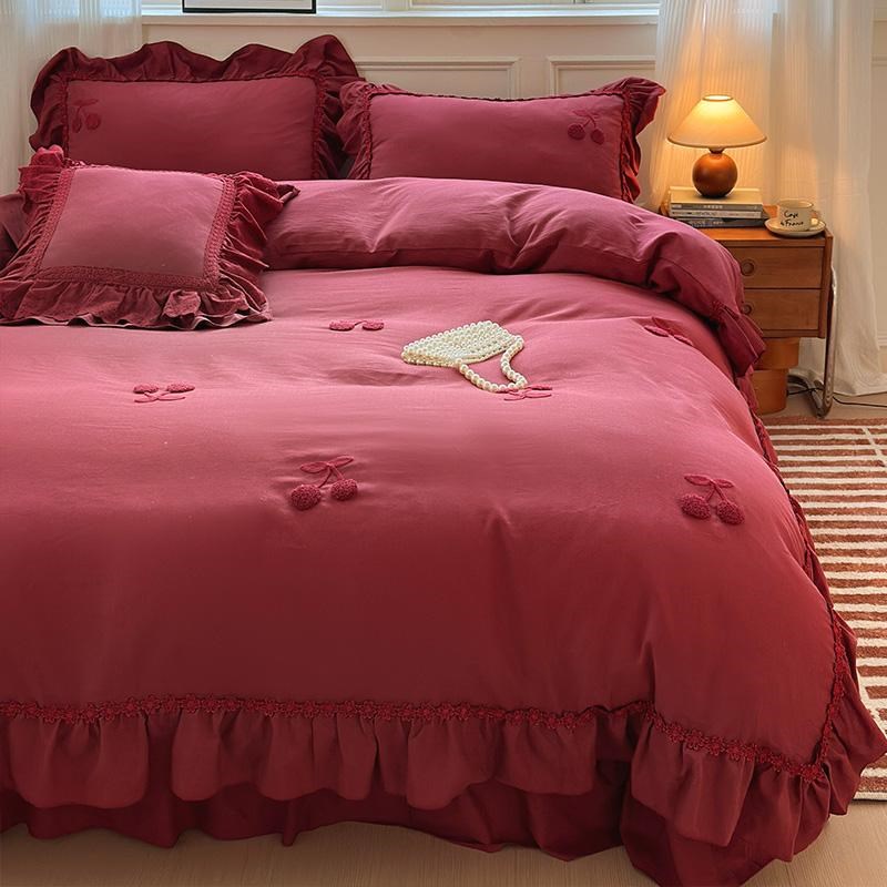 酒红色复古高级感全棉双层纱花边四件套樱桃结婚被套纯棉床盖床品
