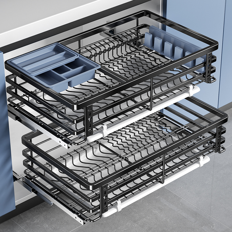 拉篮厨房整体橱柜抽屉式304不锈钢双层碗碟架碗篮碗盘柜纳米黑加
