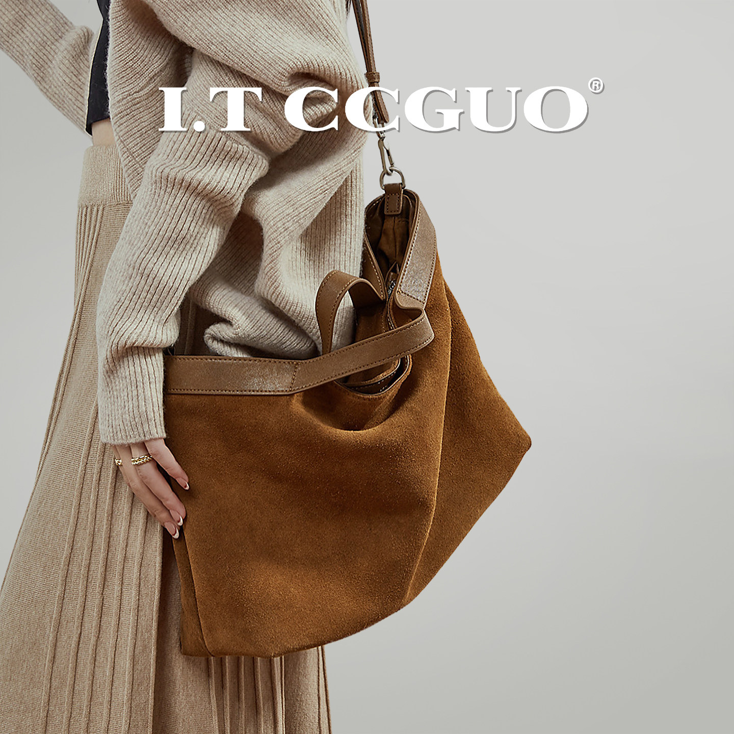 I.TCCGUO真皮女包2025新款麂皮腋下包大容量单肩斜挎托特包女士包,箱包皮具/热销女包/男包,托特包,淘宝优惠券,粉丝福利购,淘宝优惠卷