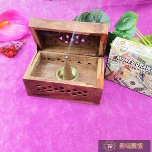 进口芒果木镂空塔香盒香锥香托香盘香座装 木盒复古家用 饰盒矮式