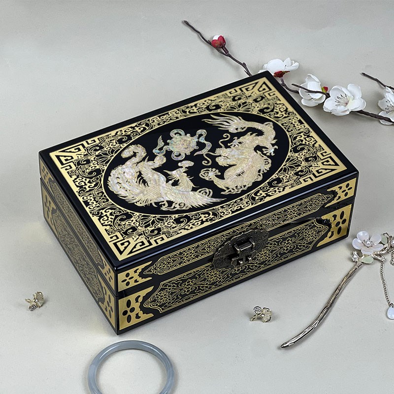 铜丝螺钿镶嵌高档首n饰盒妆奁古典高档精致钢琴漆木质非遗平遥漆