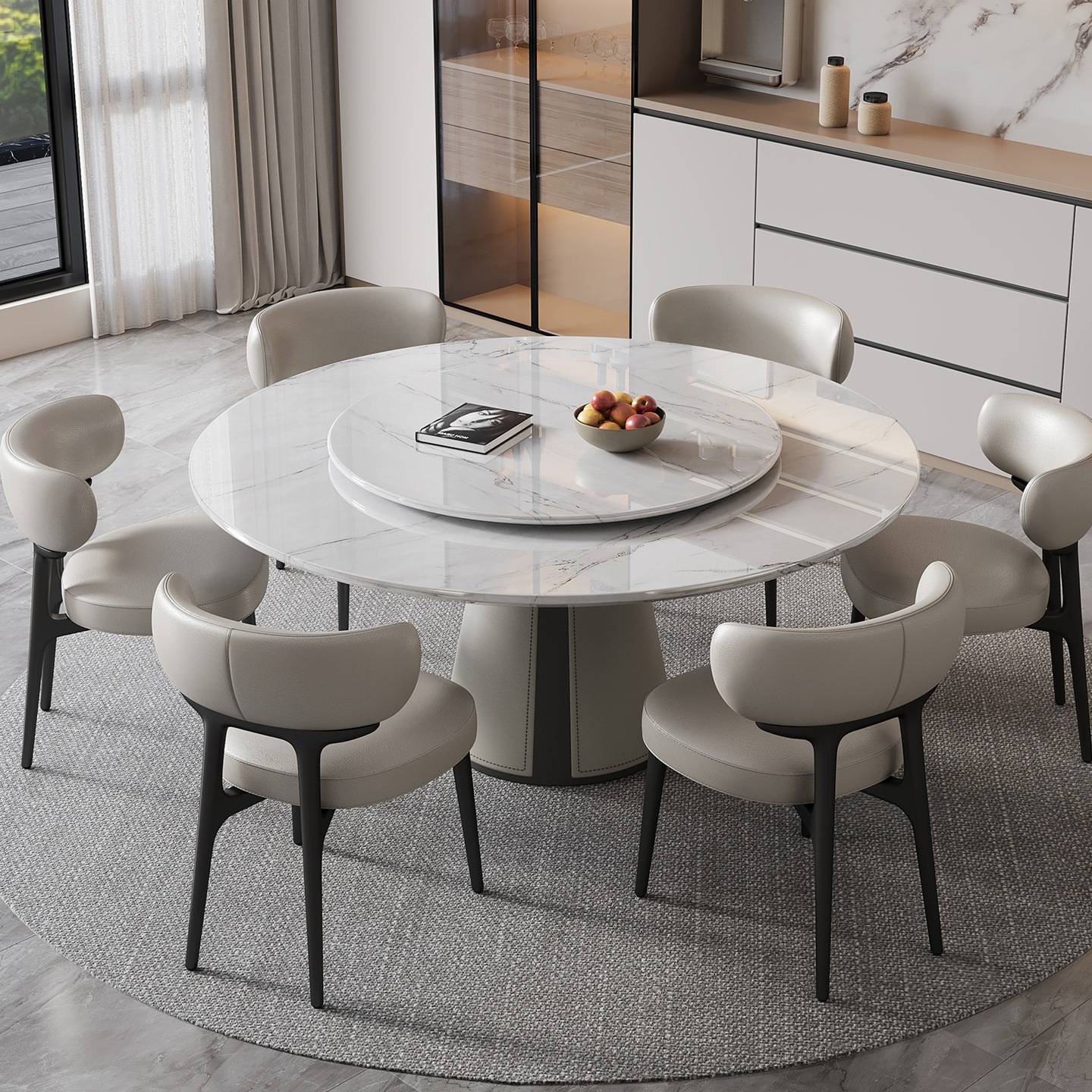 轻奢现代大理石家用圆形餐桌椅2025新款天然感带转盘火锅家用