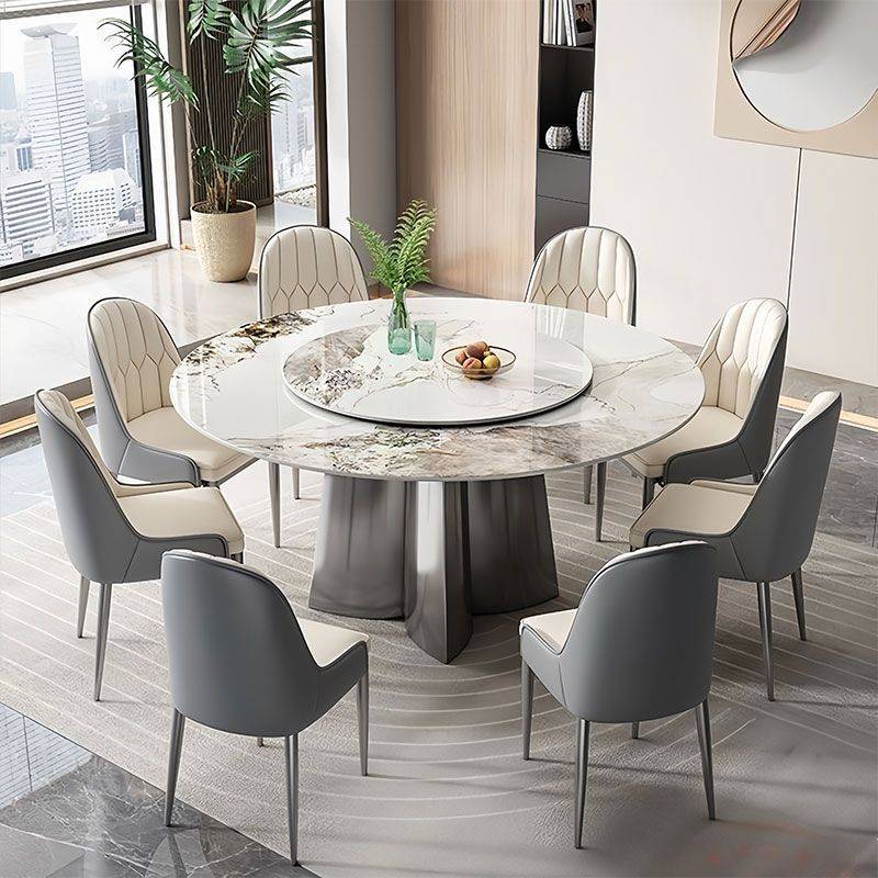 意式酒店圆桌加厚岩板餐桌椅组合家用现代简约小户型圆形转盘饭桌