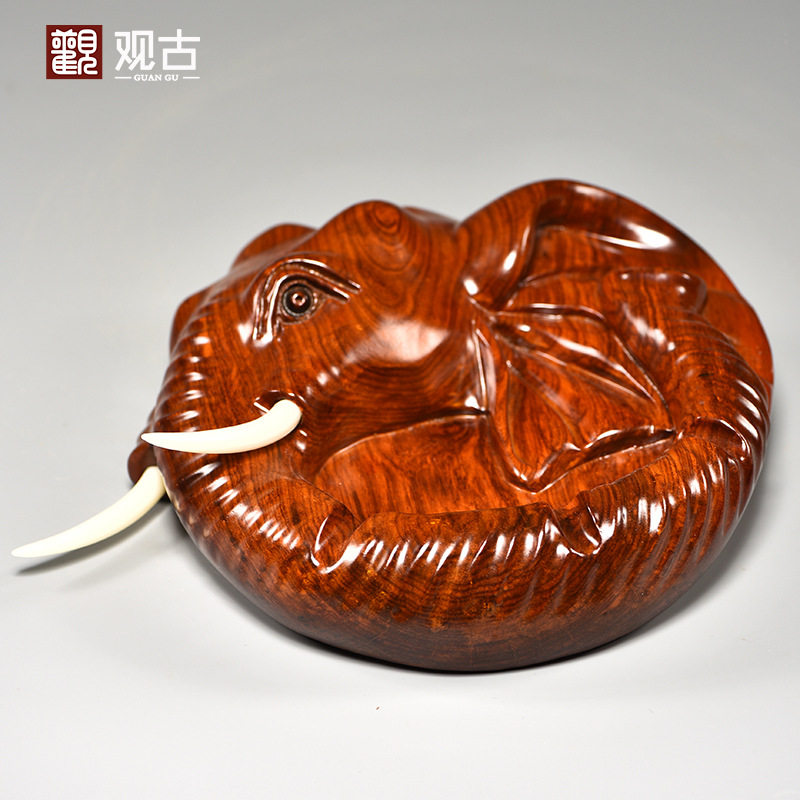 花梨木雕大象烟灰缸摆件红木雕刻工艺品家居客厅办公桌面摆设送礼
