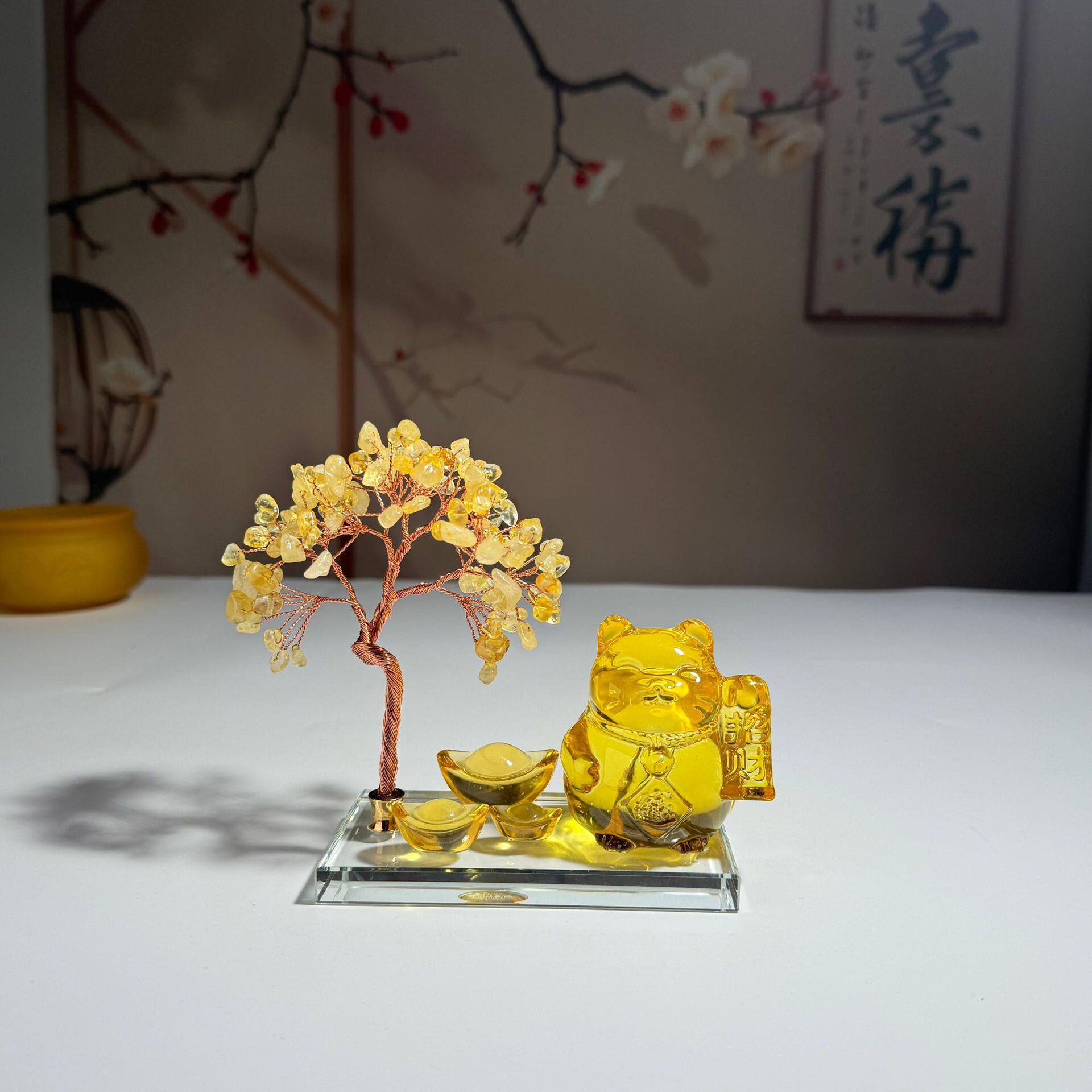 招财黄水晶财神水晶发财树摆件装饰聚宝盆乔迁家居客厅春节装饰品