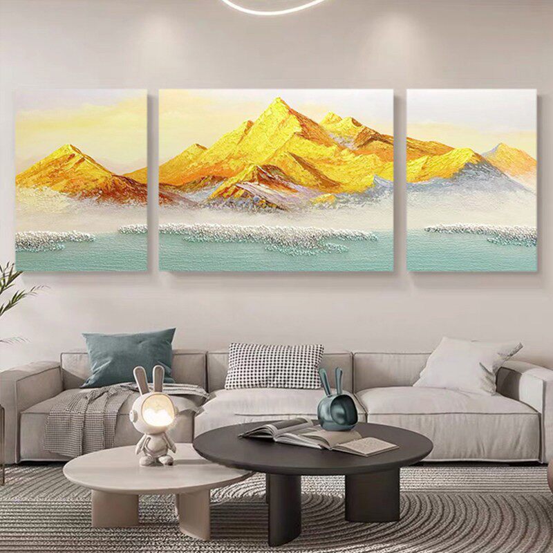 手绘油画日照金山三联画现代奶油风客厅沙发背景墙挂画轻奢高级感