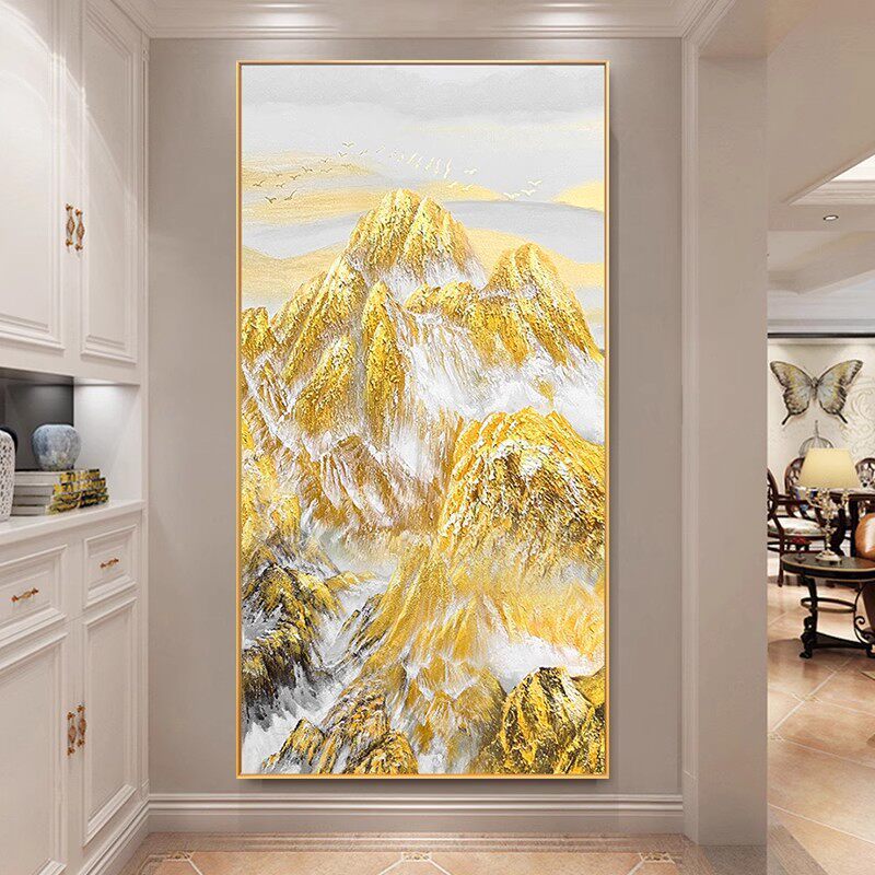 手绘油画背靠金山入户玄关装饰画现代轻奢走廊过道背景墙大幅挂画