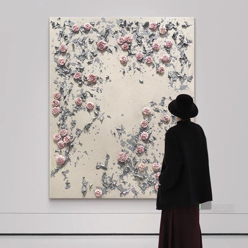 大芬村原创手绘油画奶油风客厅装饰画高级感立体花卉玄关肌理画