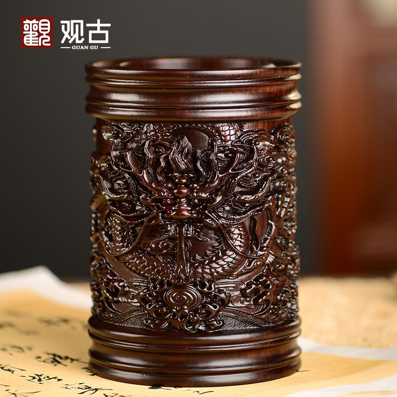 黑檀木雕九五笔筒工艺品家居办公室书桌木质笔筒摆件送礼手工艺品