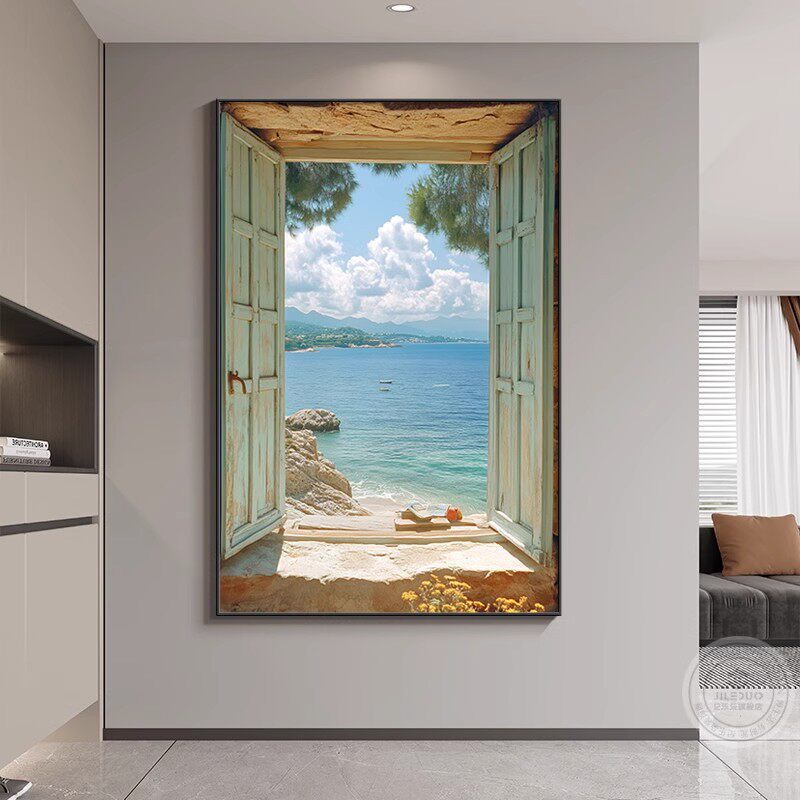 现代简约假窗户大海风景装饰画沙发背景墙落地画空间延伸卧室挂画