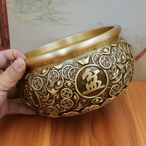 黄铜金钱元宝聚宝盆件招财聚财铜客厅艺术品前台客厅装饰品摆件