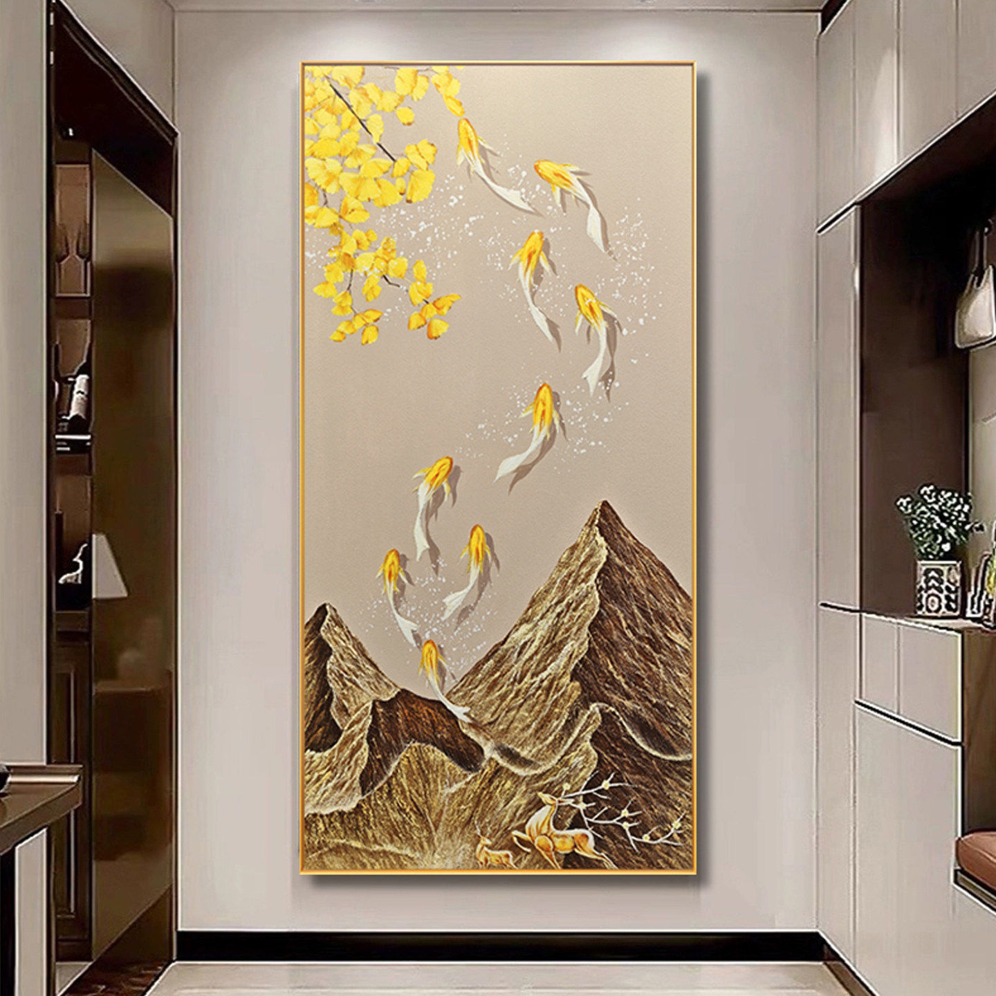大芬村手绘油画九鱼聚财入户玄关装饰画高级感走廊过道背景墙挂画