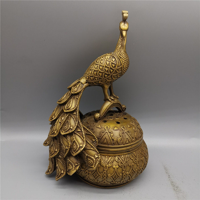 收藏复古做旧古玩工艺品铜器黄铜香炉孔雀熏香炉摆件