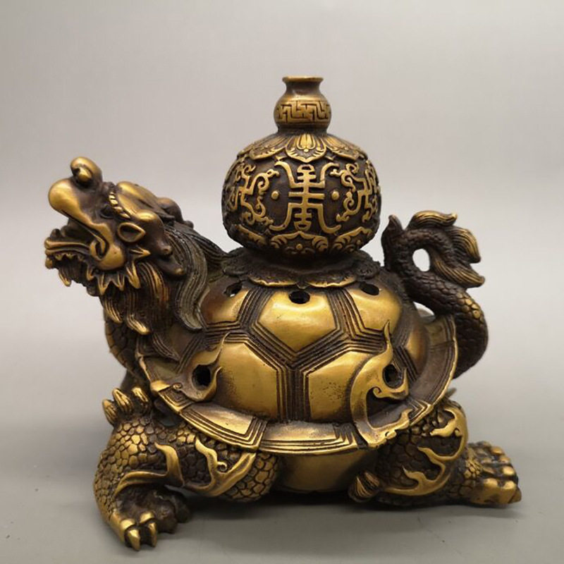 古玩收藏铜器黄铜龙龟香炉家居摆件仿古黄铜葫芦龙龟熏香炉摆设