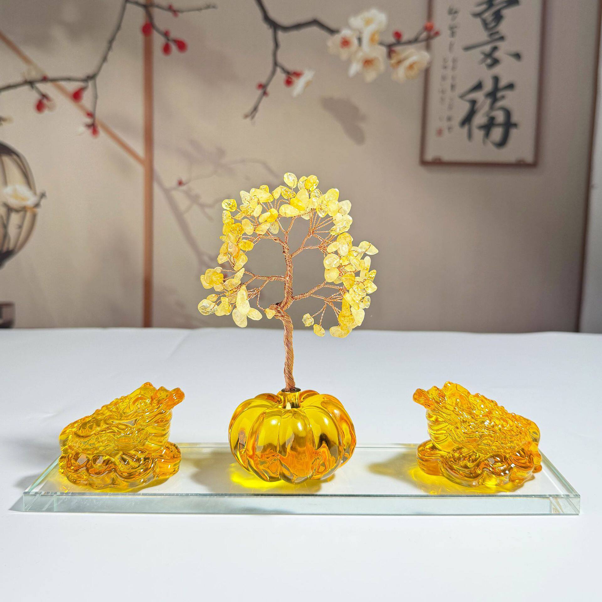 黄水晶金蟾发财树摆件带水晶底座紫气东来貔貅家居纳福客厅摆件