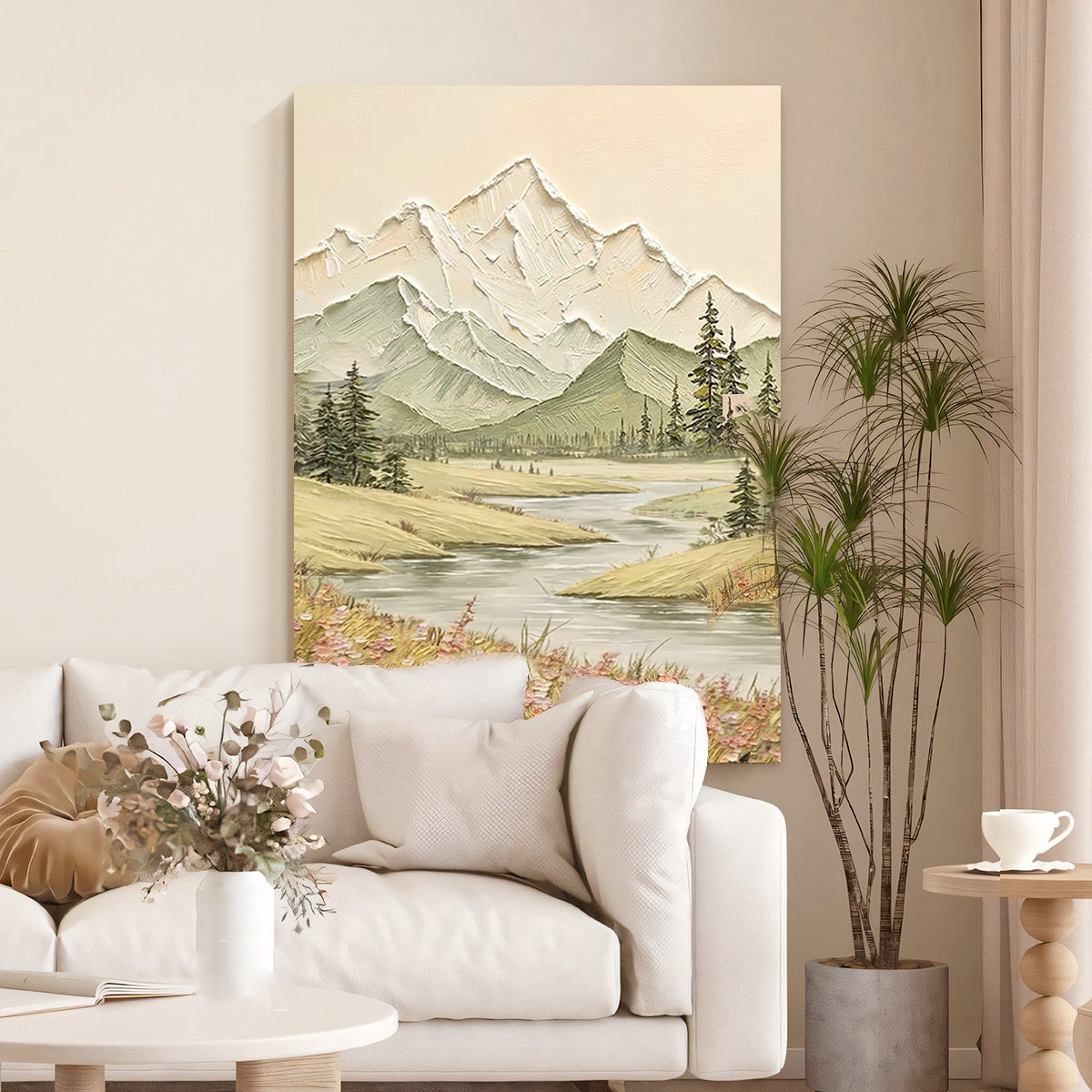 奶油风背靠金山手绘肌理油画山水风景玄关过道挂画客厅墙壁装饰画