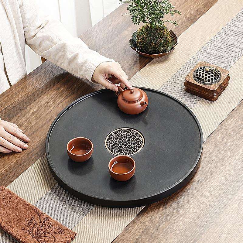 简约整块乌金石茶盘圆形石头茶海现代创意茶台家用办公干泡茶托盘