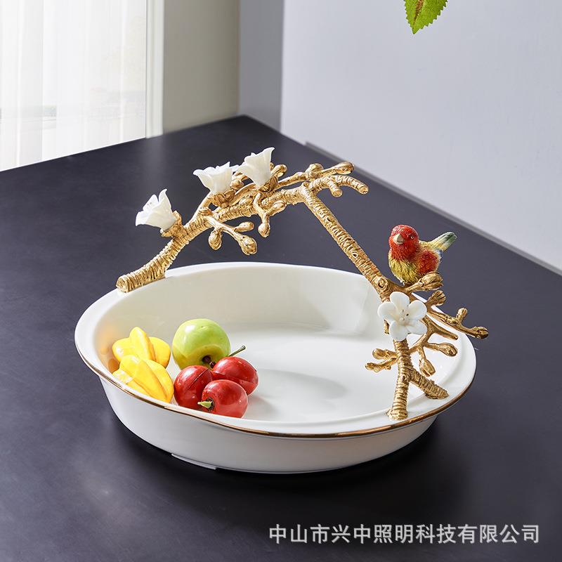 欧式陶瓷镶铜手工艺饰品果盘摆件法式客厅茶几餐厅创意工艺品摆件