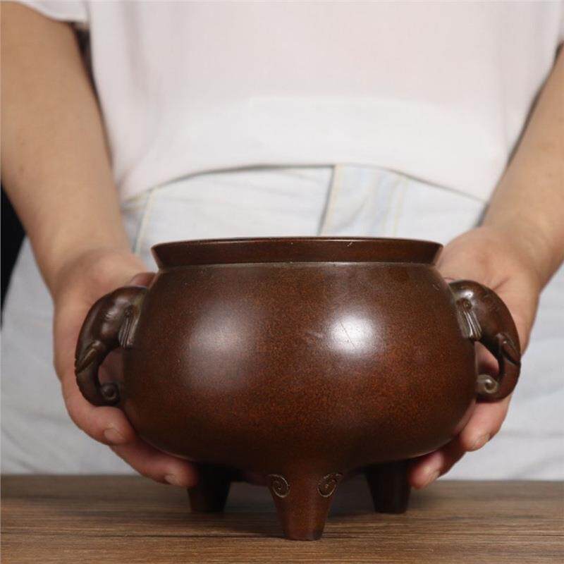 精品苏工铜制象耳三足炉铜器 古玩 家居装饰摆设【三足铜炉】