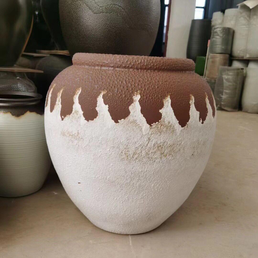 侘寂风复古粗陶陶插花客厅庭院落地水培器花大肚ARI圆形中式摆件