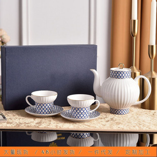 经典白钴蓝花环骨瓷高端精致咖啡杯碟下午茶茶具茶壶套装礼物