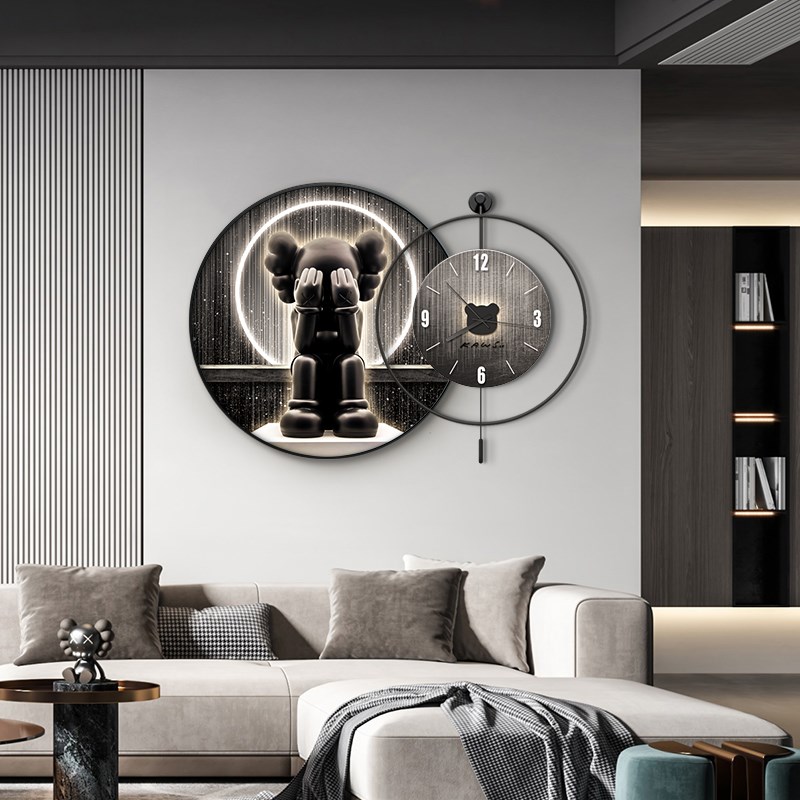 现代轻奢餐厅装饰画Kaws暴力熊E壁画带钟表组合画圆形客厅挂画