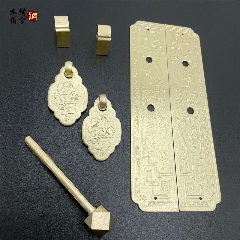 中式仿古纯黄铜拉手复古刻花直条把手衣橱书柜门红实木家具铜配件