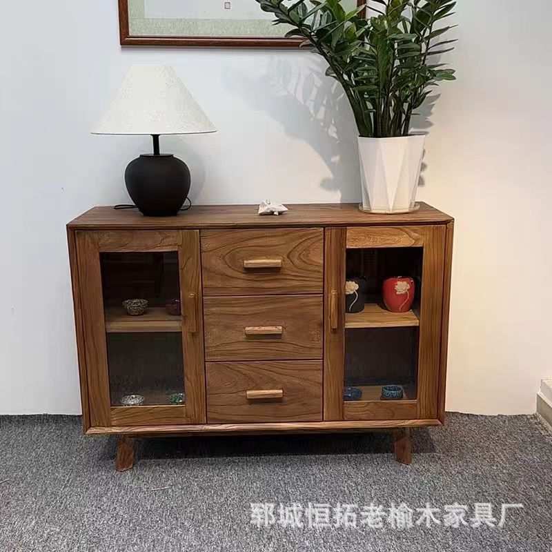 客厅餐边柜现代简约储物柜酒柜实木橱柜收纳置物柜子老榆木矮柜