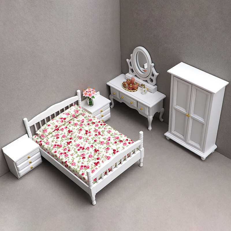 1:12娃娃屋dollhouse迷你家具模型摆件白色卧室微场景床梳妆台柜