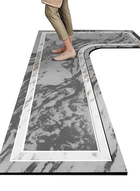 灰色大理石纹L形厨房专用地垫硅藻泥整块吸水垫吸油防滑防油耐脏