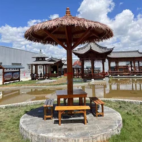 户外蘑菇b亭防腐木塑料稻草 仿真茅草亭 实木单柱圆亭子伞亭斗笠