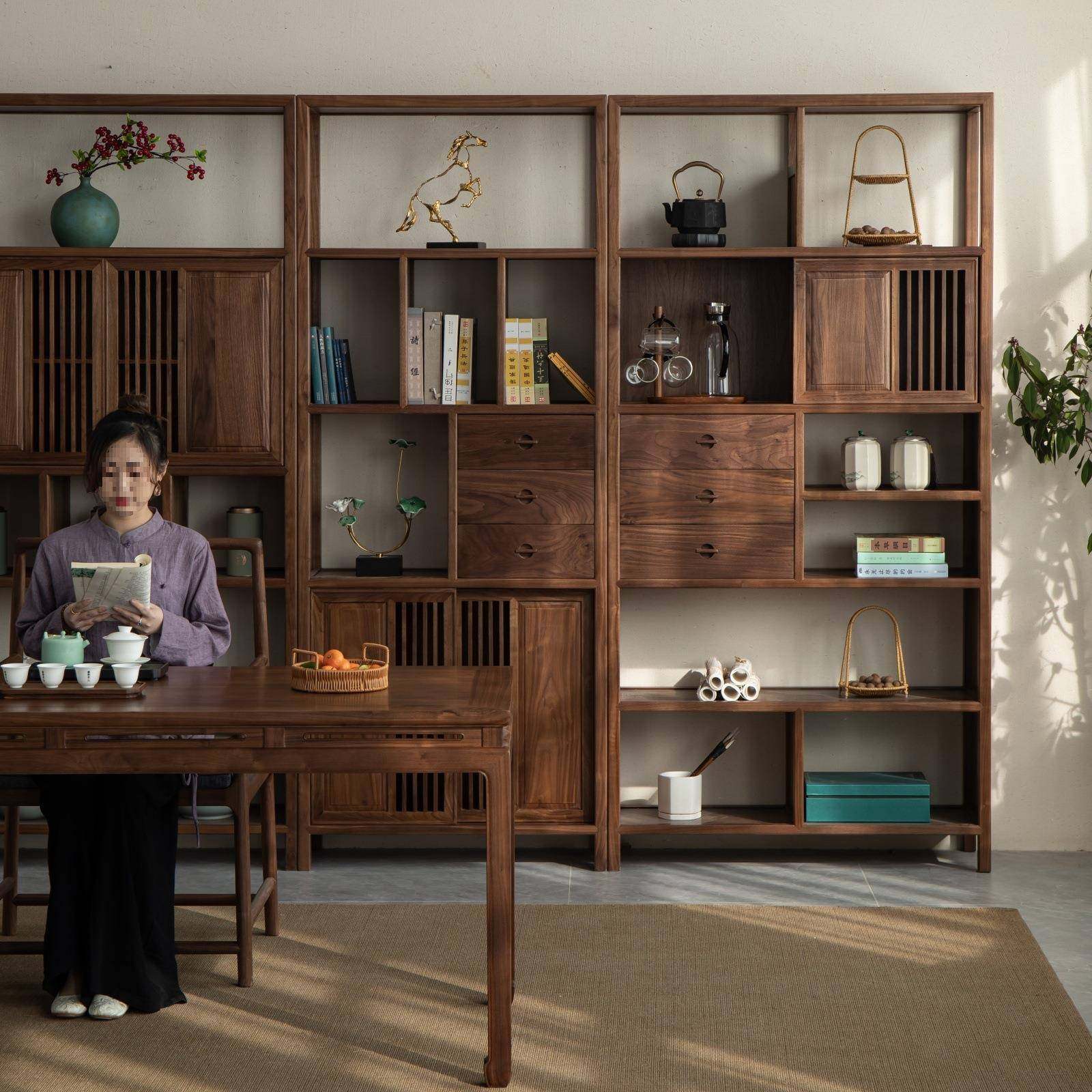 实木书架新中式多宝阁架子茶黑胡桃木书柜茶具展示架博古架茶室