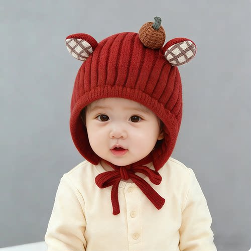 婴儿冬季护耳毛绒帽子三件套