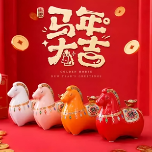 小胖马摆件马年国潮创意马上有钱陶瓷储钱罐收银台店铺开业礼品