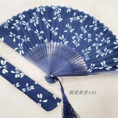蓝印花布日用扇出国拌手礼 赠送布套 竹扇子DIY蜡染工艺扇折叠