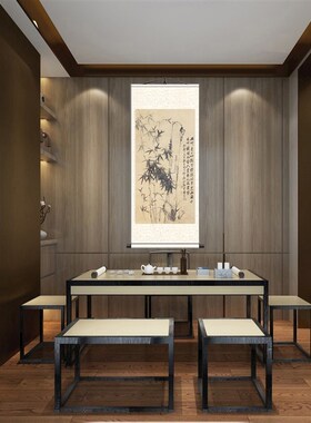 客厅中式墨桥竖版竹石兰蕙茶竹子水板国画玄关装饰画书房图室挂画