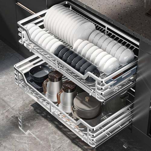 304不锈钢厨房调味拉篮橱柜抽屉式碗碟架双层实心收纳碗篮沥水