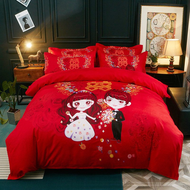 新款结婚四件套纯棉高档婚庆大红色床上被套喜庆婚房全棉婚礼用品
