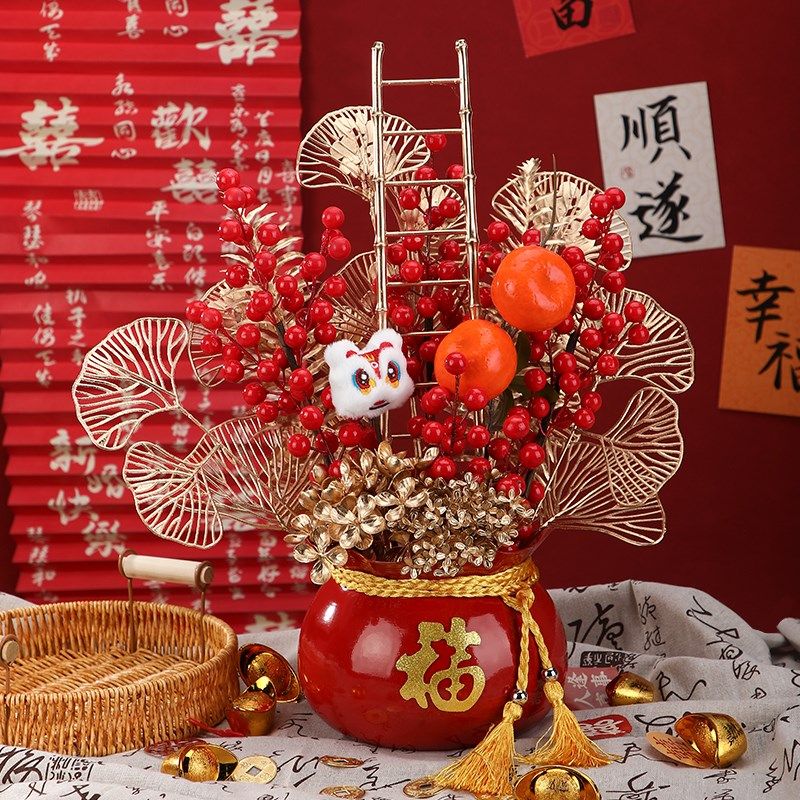 新年2025春节过年客厅装饰品蛇年元旦场景氛围布置发财果福桶摆件