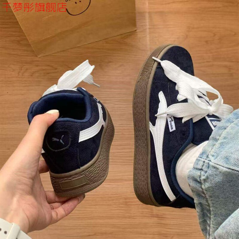 复古厚底系带板鞋女深蓝百搭