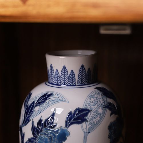 芙菡居品京城牡丹系列青花瓷水培鲜花浮雕陶瓷花瓶新年送礼