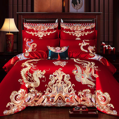 婚庆四件套大红龙凤刺绣被套新婚绣花喜被床品结婚喜庆六八十件套