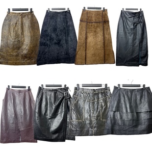 古着vintageQ6复古真皮女高腰中长款 外贸通勤简约辣妹Y2k街头风