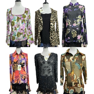 古着vintageQ34复古印花海淘长袖T恤女辣妹修身显瘦外贸Y2K风上衣