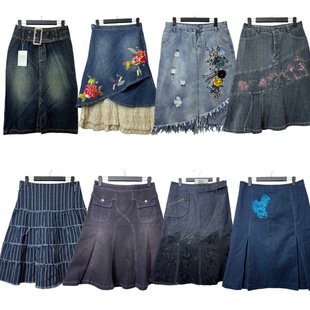 vintage古着B2牛仔半身裙女复古珠绣A字裙减龄学院Y2K少女短裙